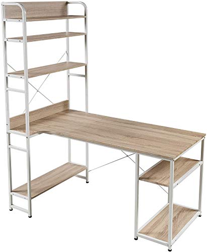 Computer Desk with 4 Tier Storage Shelves Large L-Shaped Home Office Desk PC Laptop Writing Table Workstation with Hutch Bookshelf (Oak)