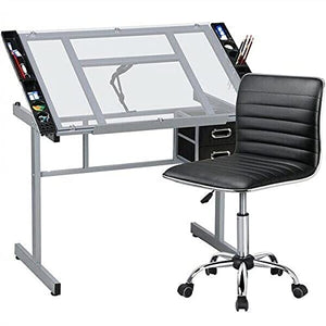 Adjustable Glass Drafting Table w/Drawers PU Leather Low BackArmless Chair Supplies Adjustable Desk Craft Table Drafting Table Office Furniture Drawing Supplies Desk Drawing Table Craft Desk