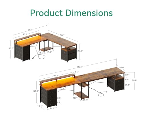 AODK 66" L Shaped Computer Desk with File Cabinet, Drawers, LED Lights, and Power Outlet