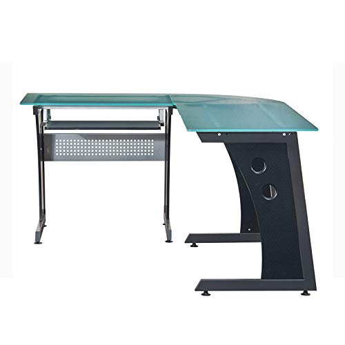 Techni Mobili Deluxe Tempered Frosted Glass L Shaped Corner Desk With Pull Out Keyboard, Graphite