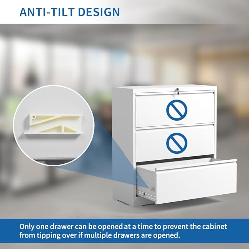 Yukimo Metal Lateral File Cabinet with Lock, 3 Drawer Storage, White