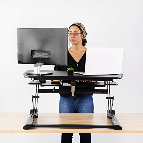 VIVO Black Electric Height Adjustable 36 inch Standing Desk Converter, Sit Stand Tabletop Dual Monitor and Laptop Riser Workstation, DESK-V000EB
