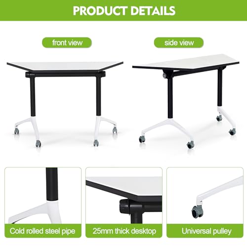 Ysjndasm Trapezoidal Conference Room Table - Folding Mobile Training Table with Locking Wheels, 47.2 x 23.6 x 29.5 inch (4 Pack)