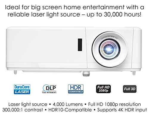 Optoma Laser Home Theater Projector with HDR | 4K Input | 4000 Lumens | Lamp-Free 30,000 Hours | 1.3X Zoom | Quiet 32dB | Crestron Compatible, White