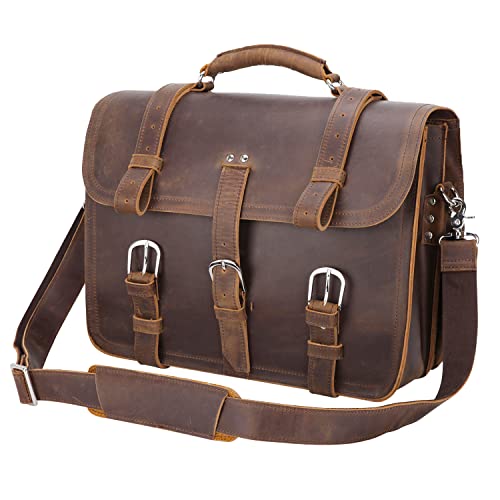 Polare Full Grain Leather 16'' Briefcase Shoulder Messenger Bag Fit 14-15.6'' Laptop Case For Men