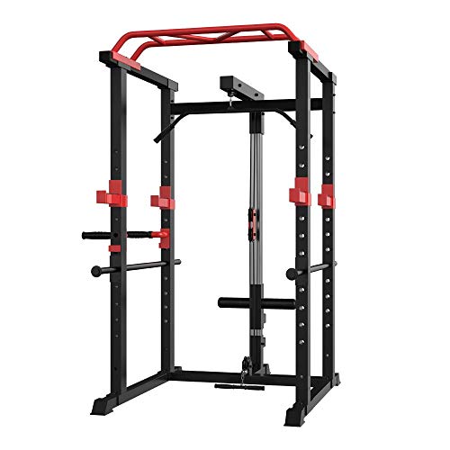 Multi-Functional Power Cage with LAT Pulldown,12 Height Adjustable Commercial Squat Rack 1000lb Capacity Home Gym Strength Training Equipment (86.61”H x 43.31”Wx 55.12”L)
