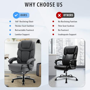 Linting Ergonomic Reclining Office Chair with Footrest & Lumbar Support, 400lbs Big and Tall PU Leather Executive Chair, Grey