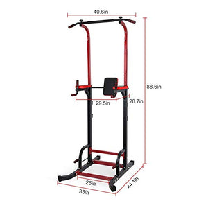 Zerodis Power Tower Workout Dip Station, Steel Heavy Duty Adjustable Power Tower Strength Training Dip Stand Horizontal Bar Indoor Fitness Equipment