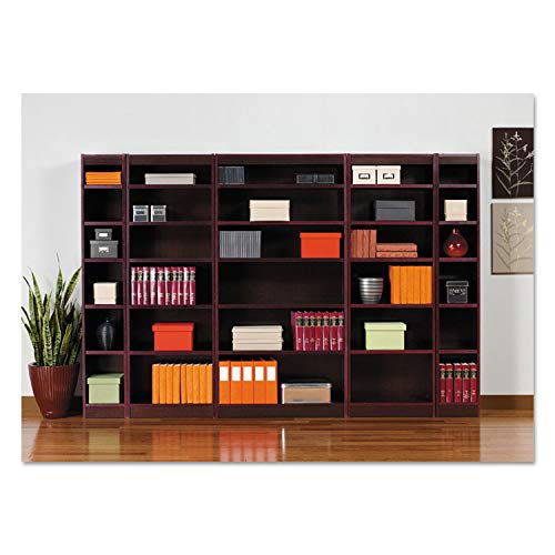 Alera Square Corner Bookcase, Finished Back, Wood Veneer, 6-Shelf, 36 W by 12 D by 72 H, Mahogany