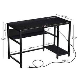 Rolanstar Computer Desk, Home Office Writing Study Desk with Power Outlets 47", Business Style Workstation Table with Storage Shelves,Stable Metal Frame, Black