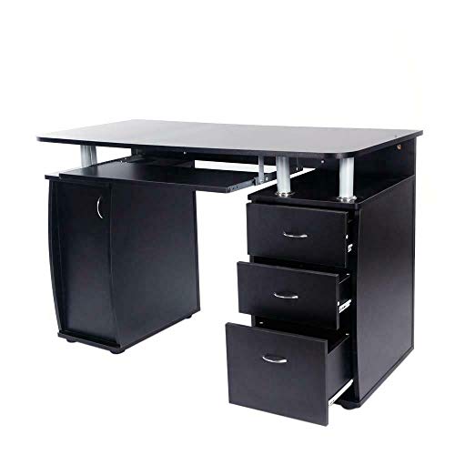 Black Home Office Style Computer Desk Slide-Out Keyboard Tray 3 Storage Drawers 1 Cabinet with 2 Layers Shelf Laptop Notebook PC Workstation Writing Reading Table Ideal for Business Or Personal Use