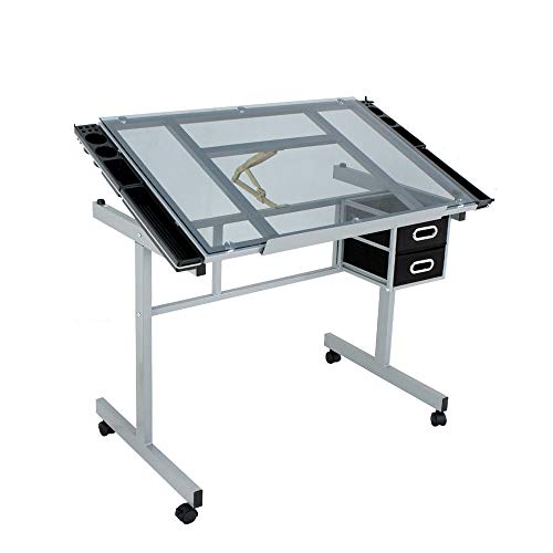 Drafting Table Tempered Glass Adjustable Drawing Desk Craft Rolling Art Top Station Drawers Work Blue Wheels New Steel 2