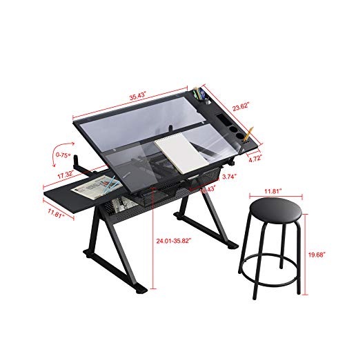 Pumpumly Height Adjustable Glass Top Drafting Draft Table Art & Craft Drawing Desk Folding Adjustable with Stool and 3 Storage Drawers