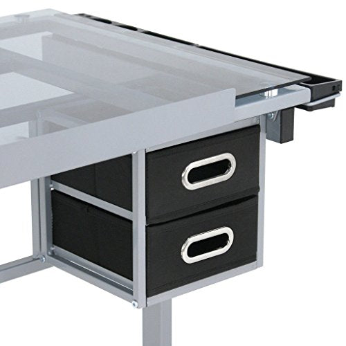 Adjustable Rolling Drawing Drafting Silver Black Table Tempered Safety Glass Top Art Craft Work Station Desk Board Work Hobby Stool Durable Powder-Coated Steel Frame 2 Slide-Out Drawer Storage
