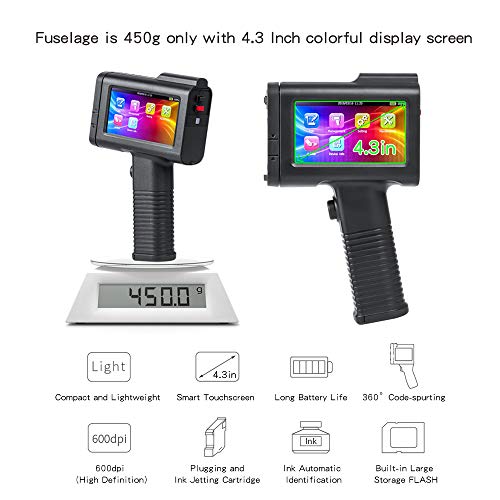 BENTSAI Portable Intelligent HD Handheld Inkjet Printer with 4.3 Inch LED Screen Inkjet Coding Machine for Label (Support 11 Languages Including English, German, French, Spanish, Italian, etc.)