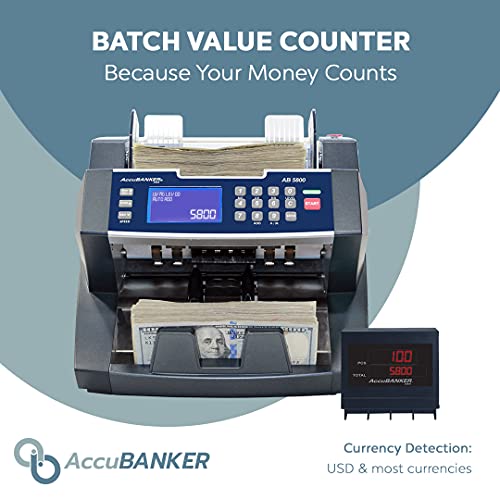 AccuBANKER AB5800 Bank Grade Value Extension Money Counter Machine with Total Value Per Denomination Hopper Capacity 300 Bills & Counterfeit Detector MG + UV (AB5800 with MP20 Thermal Printer)