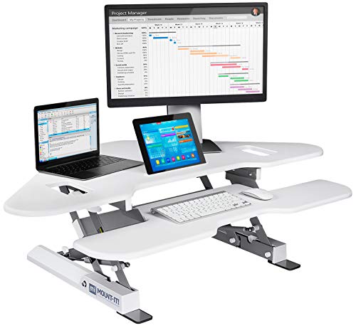 Mount-It! White Corner Standing Desk Converter | Height Adjustable 48” Wide Desktop | Corner Stand Up Desk with Gas Spring Handle | Stand Up Computer Workstation with Ergonomic Keyboard Tray | White