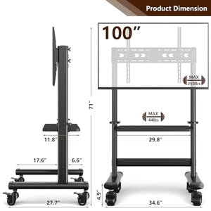 TAVR Furniture Mobile TV Cart Rolling TV Stand for 55-100 Inch Screens up to 250 lbs, VESA800x600 mm, Heavy Duty Height Adjustable