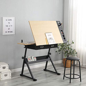 hebaotong Height Adjustable Drafting Draft Desk Drawing Table Desk, Tiltable Tabletop Art Craft Work Station with Stool, Storage Drawer for Reading, Writing Art Craft Work Station
