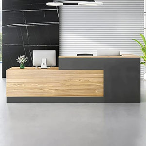 KAGUYASU Modern L-Shaped Reception Desk with Lockable Cabinet, European Oak+Iron Gray, Left Cabinet, D23.62*W110.24*H41.34 inch