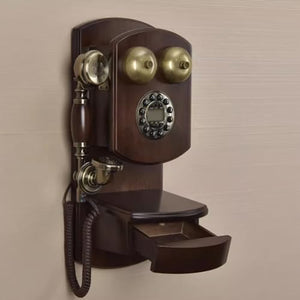 OSKOE Antique Wall-Mounted Retro Wood Corded Telephone - Brown