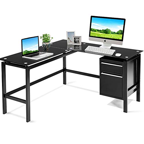Black L Shaped Computer Desk for Home Office, 56" Large Glass L Desk with Storage Drawers, Study Modern Simple Corner Desk Table for Writing PC Laptop Gaming Workstation (Metal Steel)