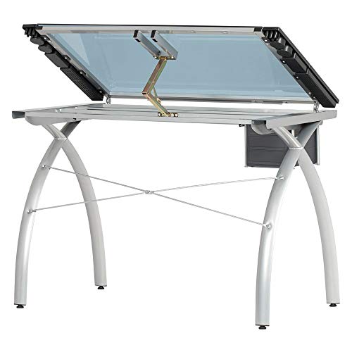 Offex Contemporary Blue Tempered Glass Top Futura Craft Station - Silver