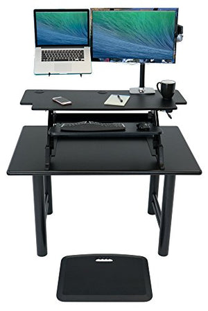 iMovR ZipLift+ 42" Standing Desk Converter with Ergonomic Tilting Keyboard Tray in Black with EverMat Portable Standing Mat