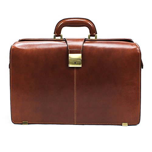 Tony Perotti Mens Italian Bull Leather Benevento Double Compartment Lawyer's Leather Laptop Briefcase in Cognac