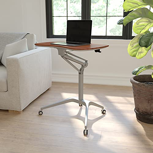 Flash Furniture Mobile Sit-Down, Stand-Up Mahogany Computer Ergonomic Desk with 28.25''W Top (Adjustable Range 29'' - 41'')