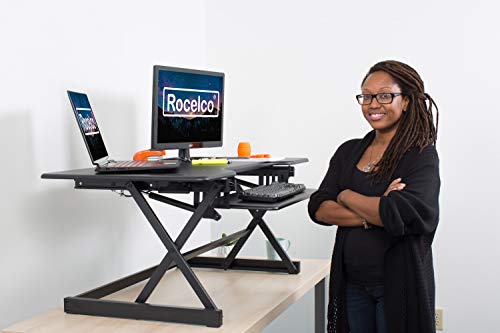 Rocelco 46" Height Adjustable Standing Desk Converter with Anti Fatigue Mat BUNDLE - Triple Monitor Riser Workstation - Black