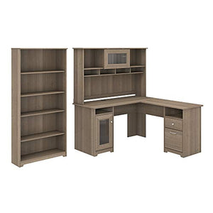 Bush Furniture Cabot L Shape Desk with Hutch and 5 Shelf Bookcase, 60W, Ash Gray