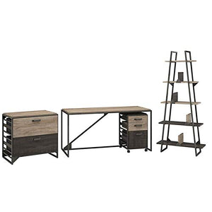 Bush Furniture Refinery 62W Industrial Desk with A Frame Bookshelf and File Cabinets in Rustic Gray