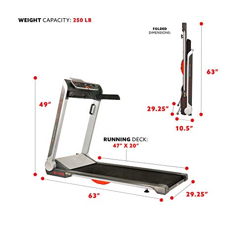 Sunny Health & Fitness No Assembly Motorized Folding Running Treadmill, 20" Wide Belt, Flat Folding & Low Profile for Portability with Speakers for USB and AUX Audio Connection - Strider, SF-T7718