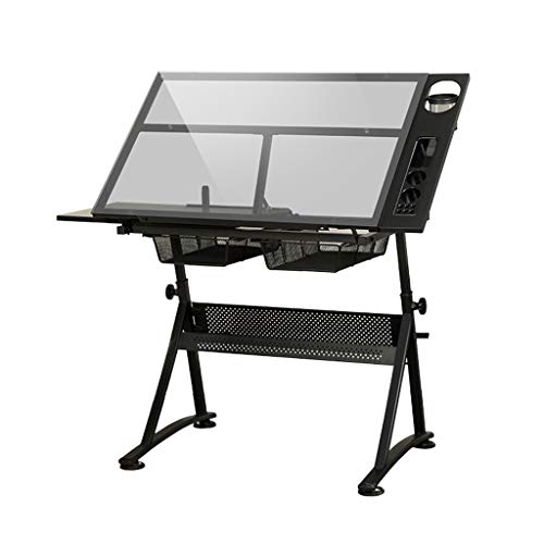 Lgan Drafting Table with Storage, Height Adjustable Tiltable Art Desk, Glass Panel Drawing Desk, for Work Study Painting Craft Table