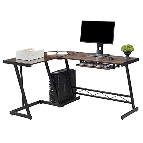 LJTT L Shaped Desk with Keyboard Tray and Host Bracket Corner Computer Desk Gaming Table Workstation for Home Office, Brown