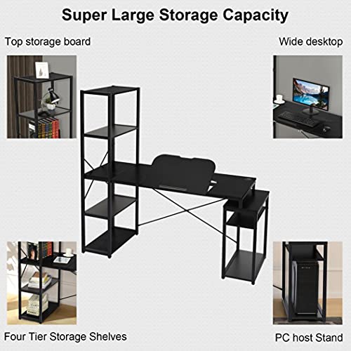 Computer Desk with 5-Tier Shelves, 3 in 1 Bookshelf, Computer Desk, and Main Frame, 47.2" Drafting Drawing Table with 60° Tiltable Tabletop, PC Laptop Table Study Workstation for Home Office (Black)