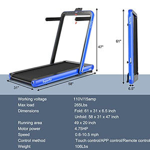 GYMAX Under Desk Folding Treadmill, 4.75HP 2 in 1 Running Walking Machine with Heart Rate Control, APP Control, LED Touch Screen, Bluetooth Speaker and Remote, Luxury Treadmill for Home/Gym (Navy)