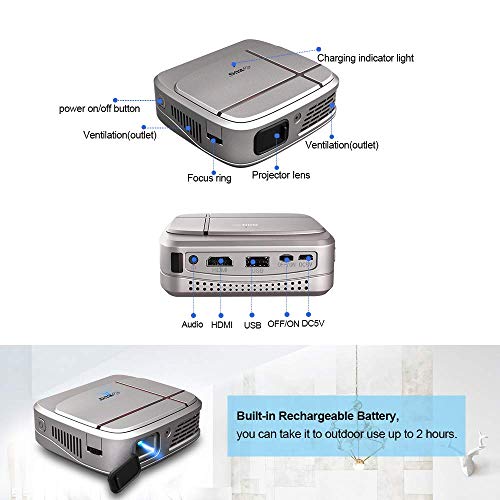 Mini DLP Projector,Wireless WiFi Rechargeable Projector Large Display Support 3D/1080p/Screen Mirroring/HDMI/USB for Home Theater Indoor Outside Movie Video Game Fire TV Stick Laptop Tablet Computer
