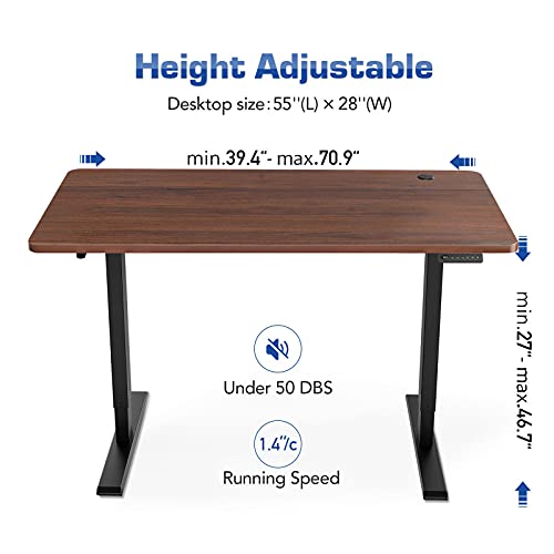 MAIDeSITe Dual Motor Electric Standing Desk Adjustable Height Computer Desk, 55 x 28 Inches Stand Up Desk Workstation Home Office Table, Black Frame/Walnut Top