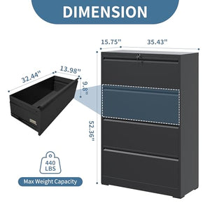 AQY 4 Drawer Lateral File Cabinet with Lock, Steel Wide File Cabinets - Black