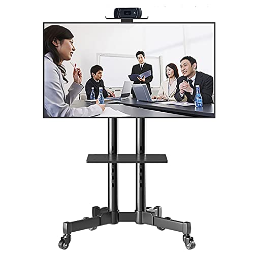 YokIma TV Stand with Wheels, Fits 42-65 Inch TV, Black Rolling Cart with AV Shelf