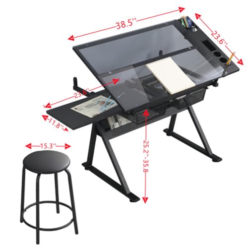 Tzou Drafting Desk with Side Shelf and Chair - Adjustable Drawing Table with Storage Drawers - Tempered Glass Art Table for Home Office