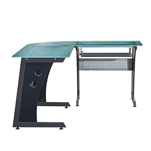 Techni Mobili Deluxe Tempered Frosted Glass L Shaped Corner Desk With Pull Out Keyboard, Graphite
