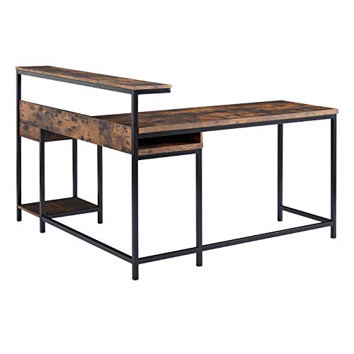 TANGFUTI L-Shaped Computer Desk with Monitor Shelf and CPU Stand, Industrial Corner Office Desk Study Desk Large Workstation for Home and Office (Brown)