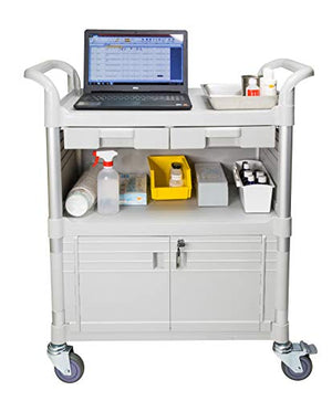 JaboEquip Heavy Duty Lockable Hospital Cart, 3 Shelf Utility Cart 606 lbs, L34.43xD19.69xH40.55 inch, Off-White Color