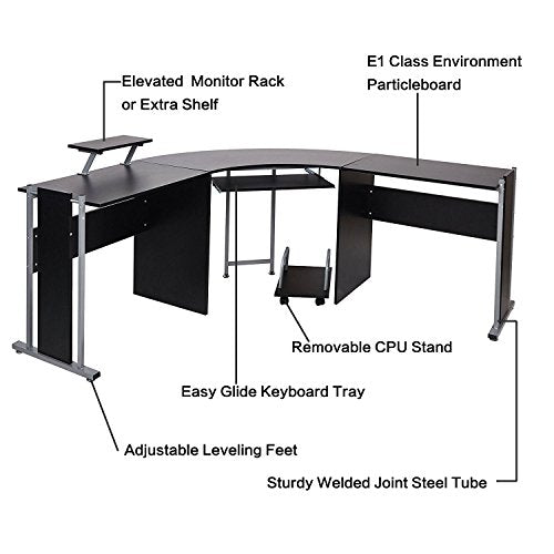 KARMAS PRODUCT L Shaped Computer Desk Modern Corner Table Wood Laptop Home Office Desks Black, 71.3x19.6x30.3in