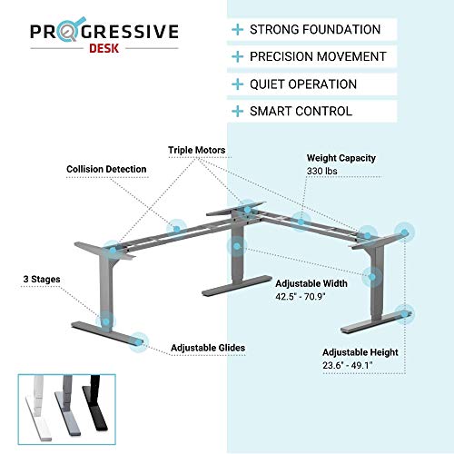 Progressive Automations Height Adjustable L-Shaped Standing Desk 59"x59" - Electric Corner Computer Desk - Gray Frame/Dark Oak Top