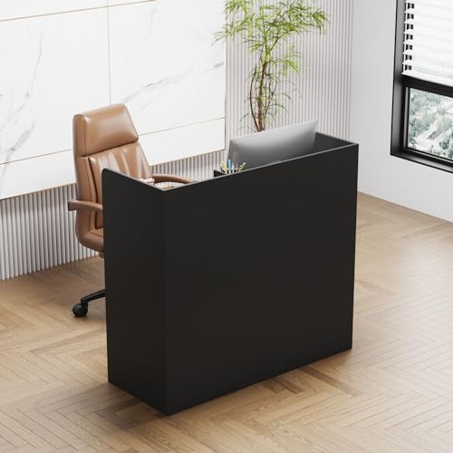 MOUMON Reception Desk Counter with Large Storage, Silver Tapes, Black (47.3”W x 18.3”D x 43.3”H)