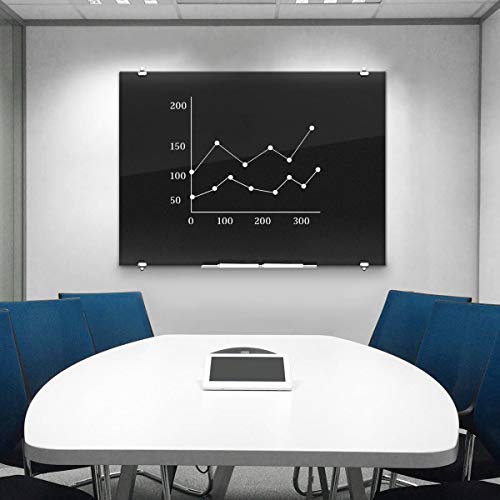 Black Glass Dry Erase Board Large 72" x 43", Magnetic Glass Whiteboard for Wall, Home Office Glass Blackboard Frameless, 6 x 3.5' - 4 Markers, 1 Eraser, 1 Tray